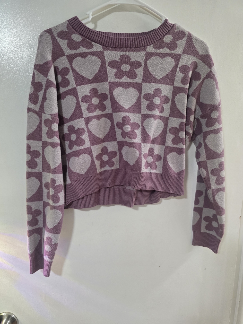 Pink Checkered Cropped Sweater Hearts Flowers Womens Small Soft Knit Y2K